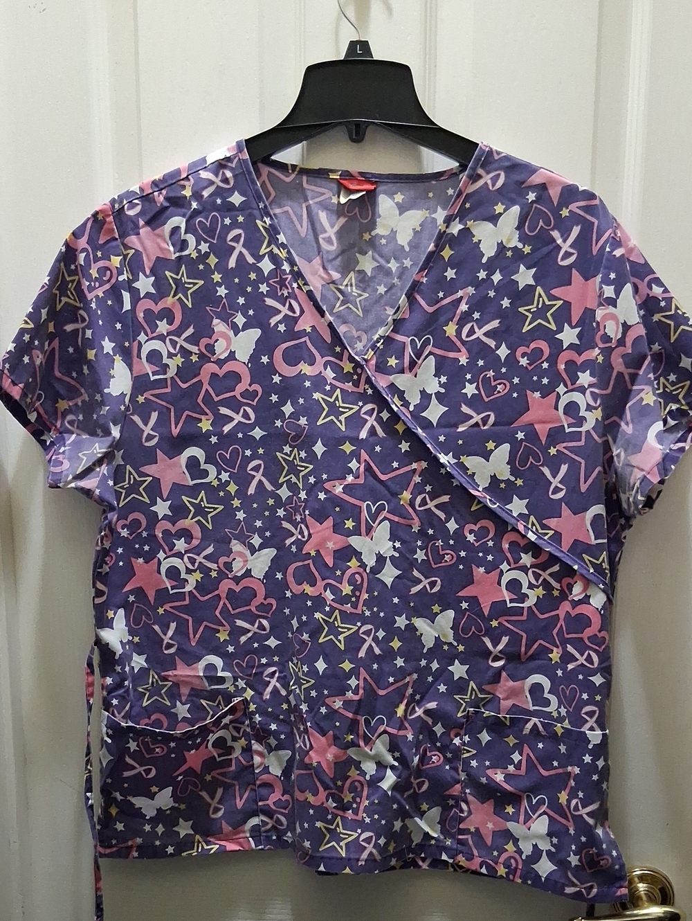 Purple Star & Heart Print Scrub Top